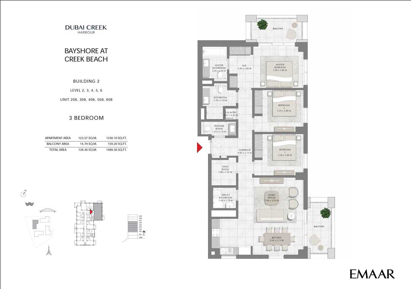 Building 2 - 3 Bedroom Level 2-3-4-5-6 Unit 208-308-408-508-608, Size 1489 sq ft